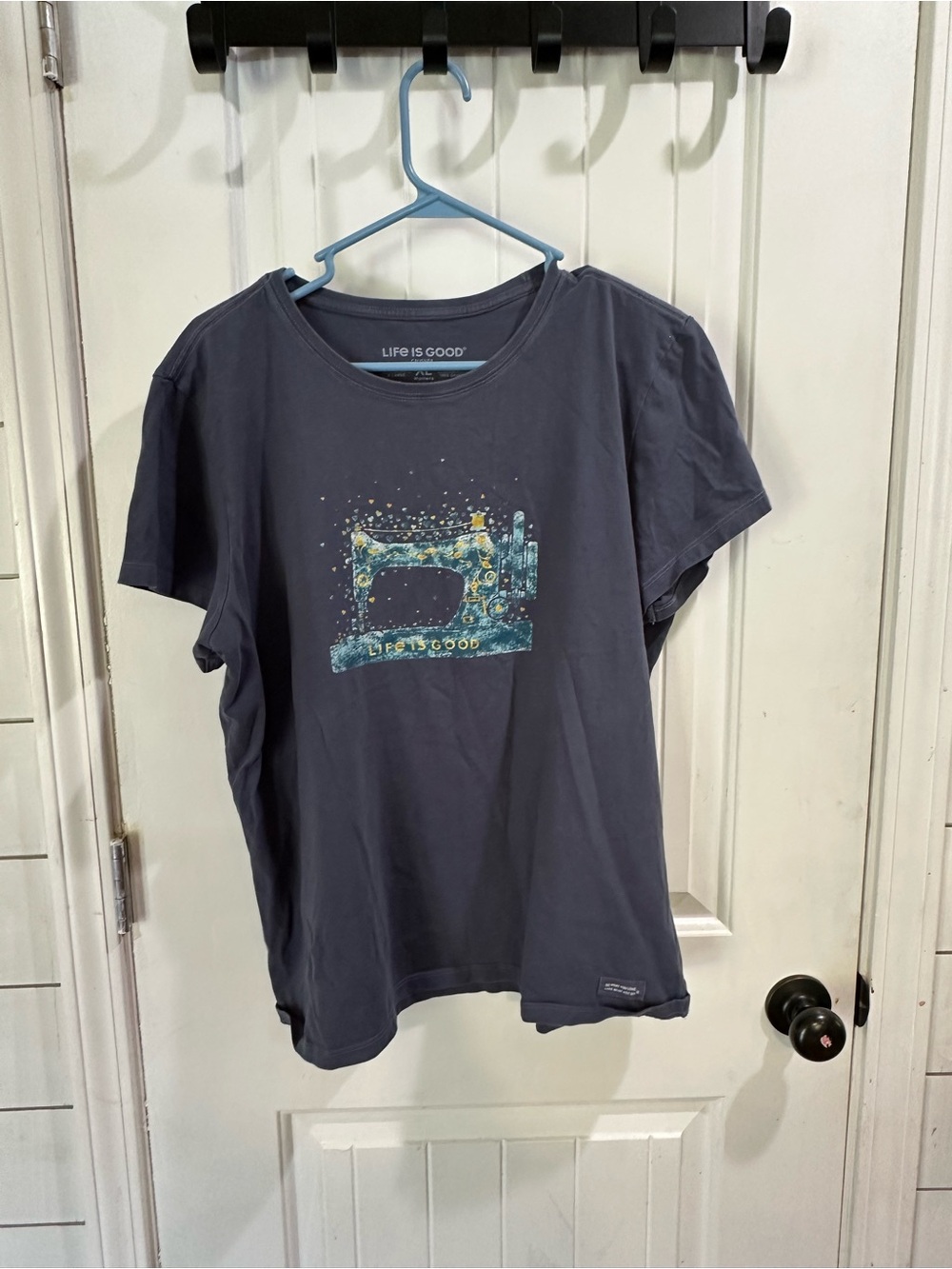 Life Is Good  sewing machine whimsical navy short sleeve crusher tee